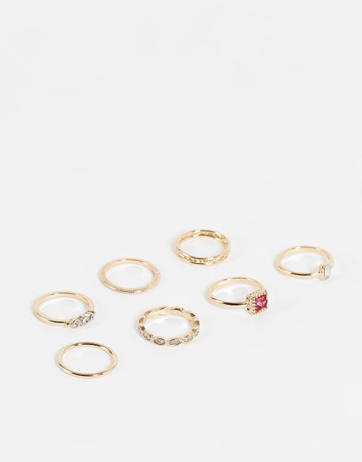 Topshop - Set van 6 midi ringen met roze kristal in goud