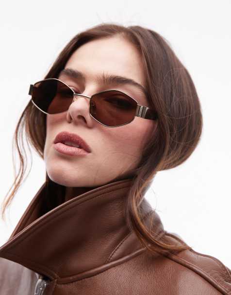 Topshop Seville hexagonal sunglasses in gold - view 1