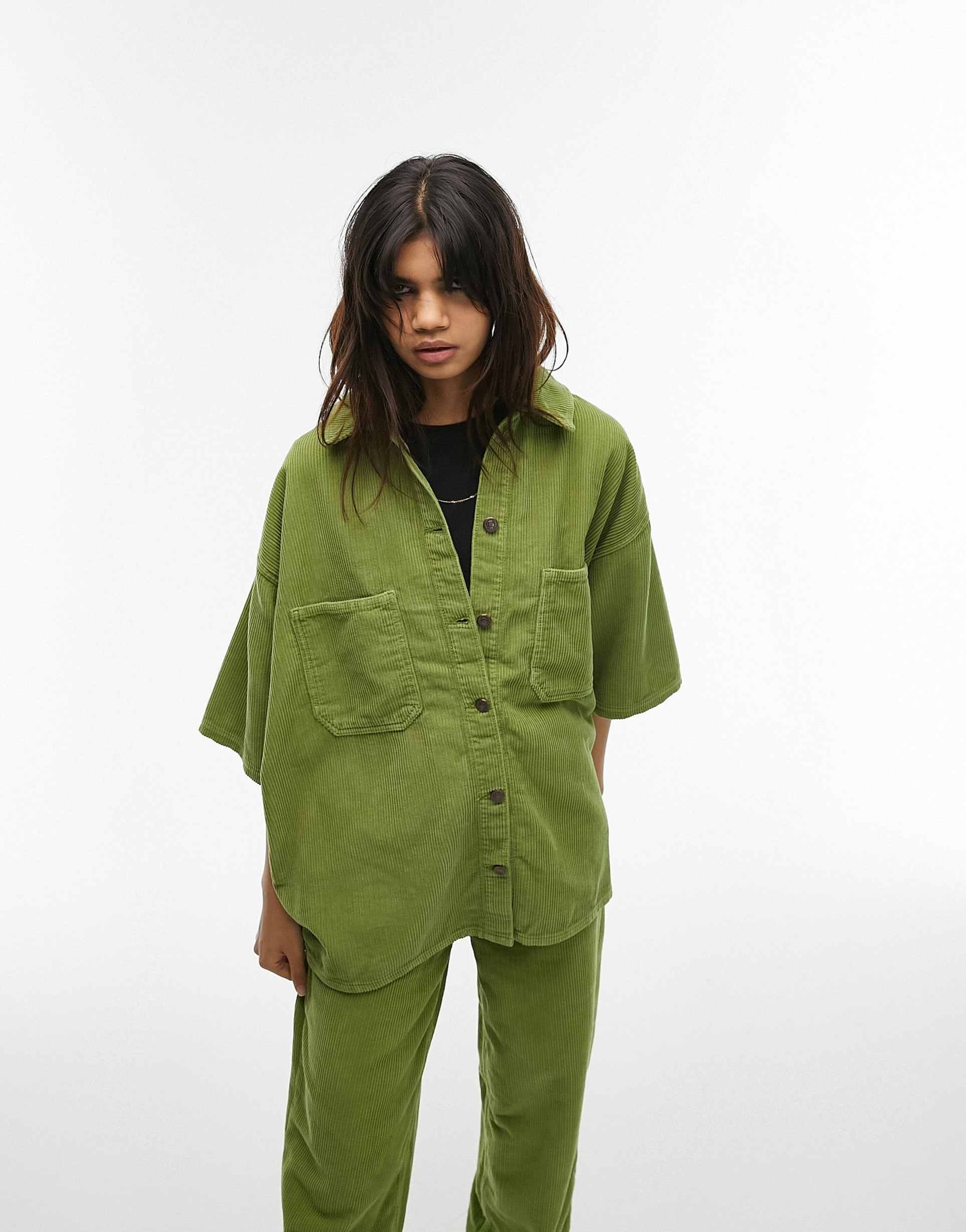 Topshop shacket co-ord in green cord view 2