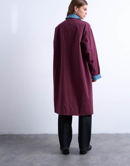 Topshop - Shacket met contrasterende kraag en lange pasvorm in bordeauxrood, 4 van 4