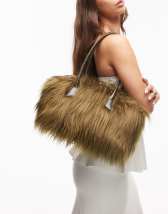 Topshop Shaggy faux fur shoulder bag in khaki