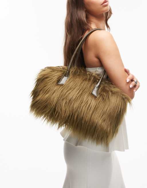 Topshop Shaggy faux fur shoulder bag in khaki