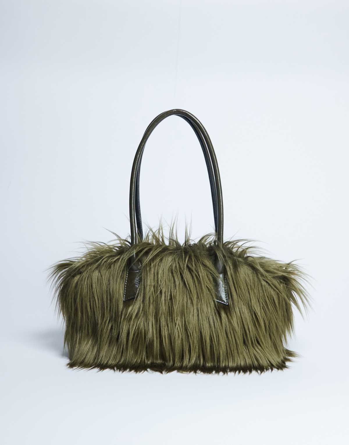 Topshop Shaggy faux fur shoulder bag in khaki
