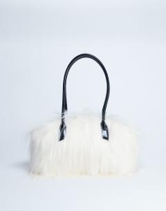 Shaggy faux fur shoulder bag in off white