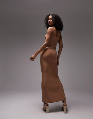 Topshop shaping super soft bandeau fitted maxi dress in mocha