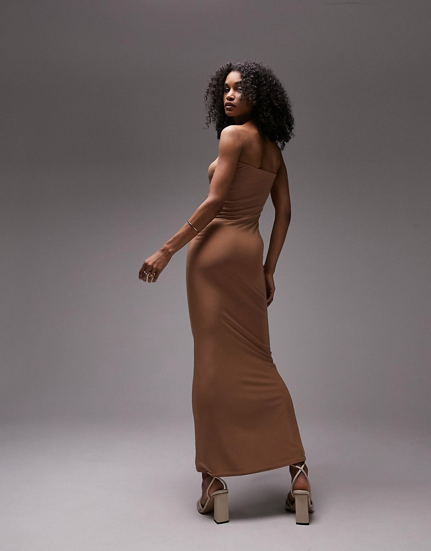 Topshop shaping super soft bandeau fitted maxi dress in mocha-Brown