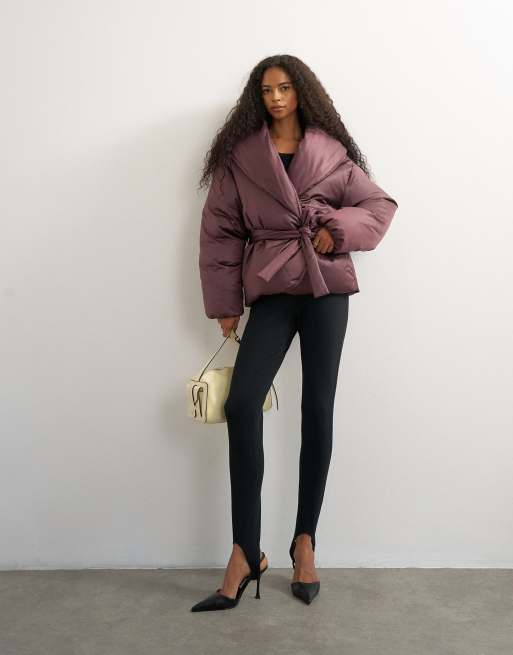 Topshop shawl neck belted padded jacket in fig, 3 of 4