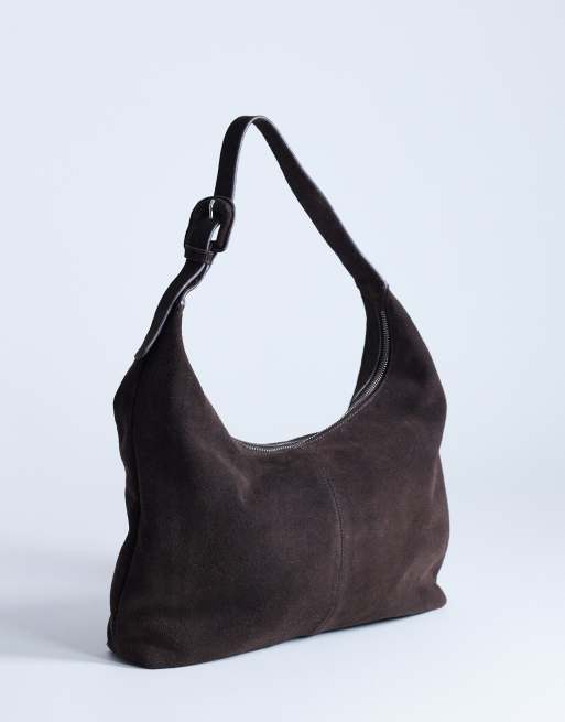 Topshop - Shayla - Borsa da spalla in vero camoscio color cioccolato