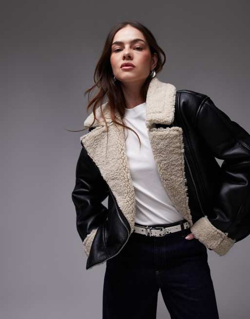 Topshop shearling aviator jacket in black and cream