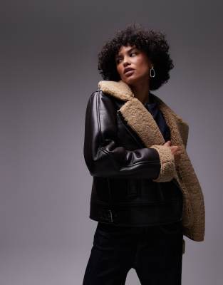 Topshop shearling aviator jacket in brown and stone | ASOS