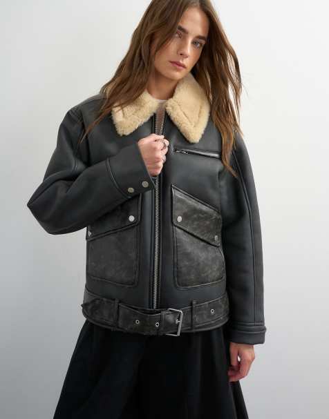 Topshop shearling belted biker jacket in black and cream - view 1