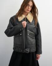 Topshop shearling belted biker jacket in black and cream