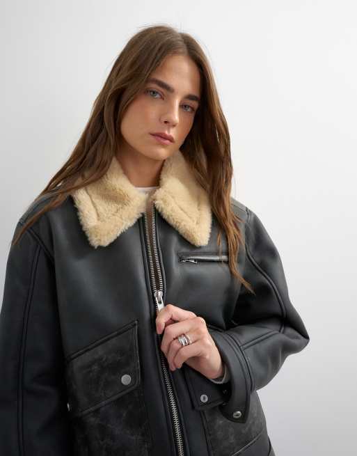 Topshop shearling belted biker jacket in black and cream, 2 of 4