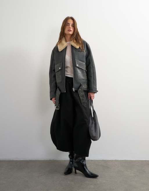 Topshop shearling belted biker jacket in black and cream, 3 of 4