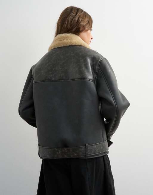 Topshop shearling belted biker jacket in black and cream, 4 of 4