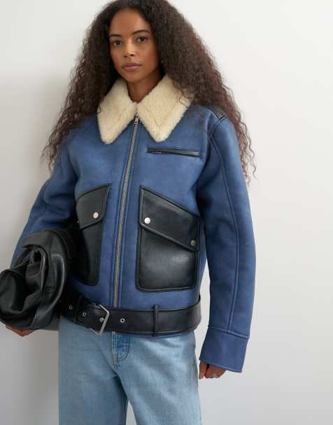 Topshop shearling belted biker jacket in blue - view 1