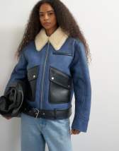 Topshop shearling belted biker jacket in blue