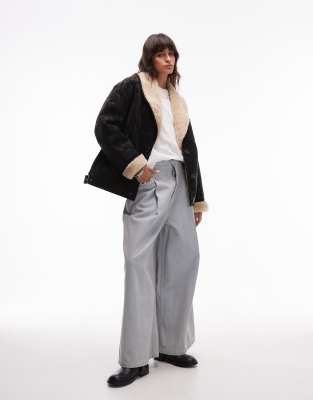 shearling car coat in black and cream