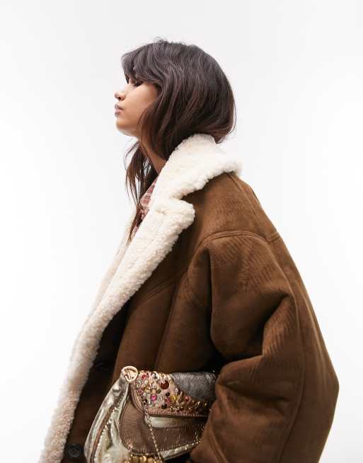 Topshop shearling car coat in chocolate