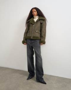 Model wearing Shearling collar detail jacket in khaki