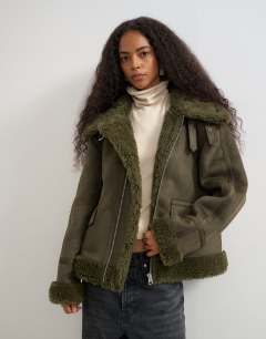 Model wearing Shearling collar detail jacket in khaki