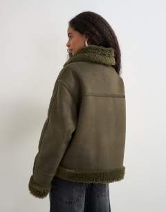 Model wearing Shearling collar detail jacket in khaki