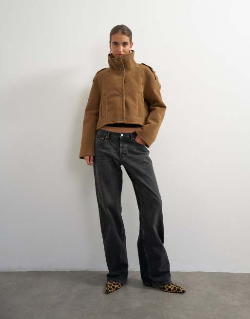 Topshop shearling double breasted short biker in tan, 2 of 4