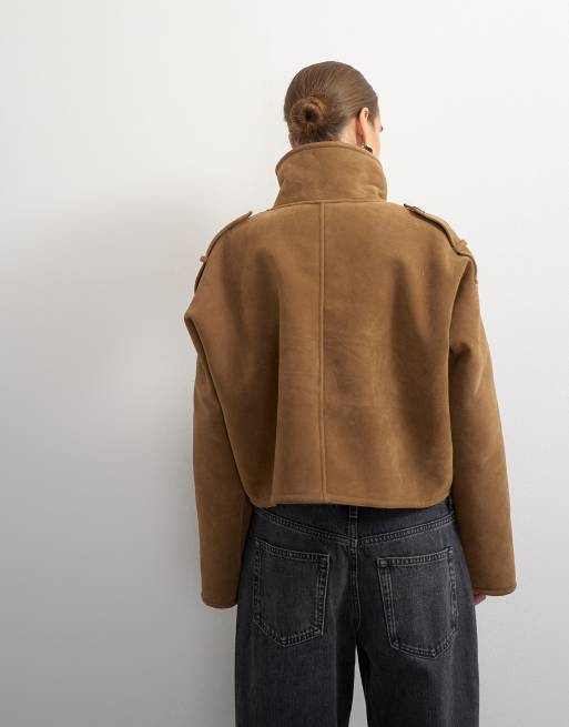 Topshop shearling double breasted short biker in tan, 4 of 4