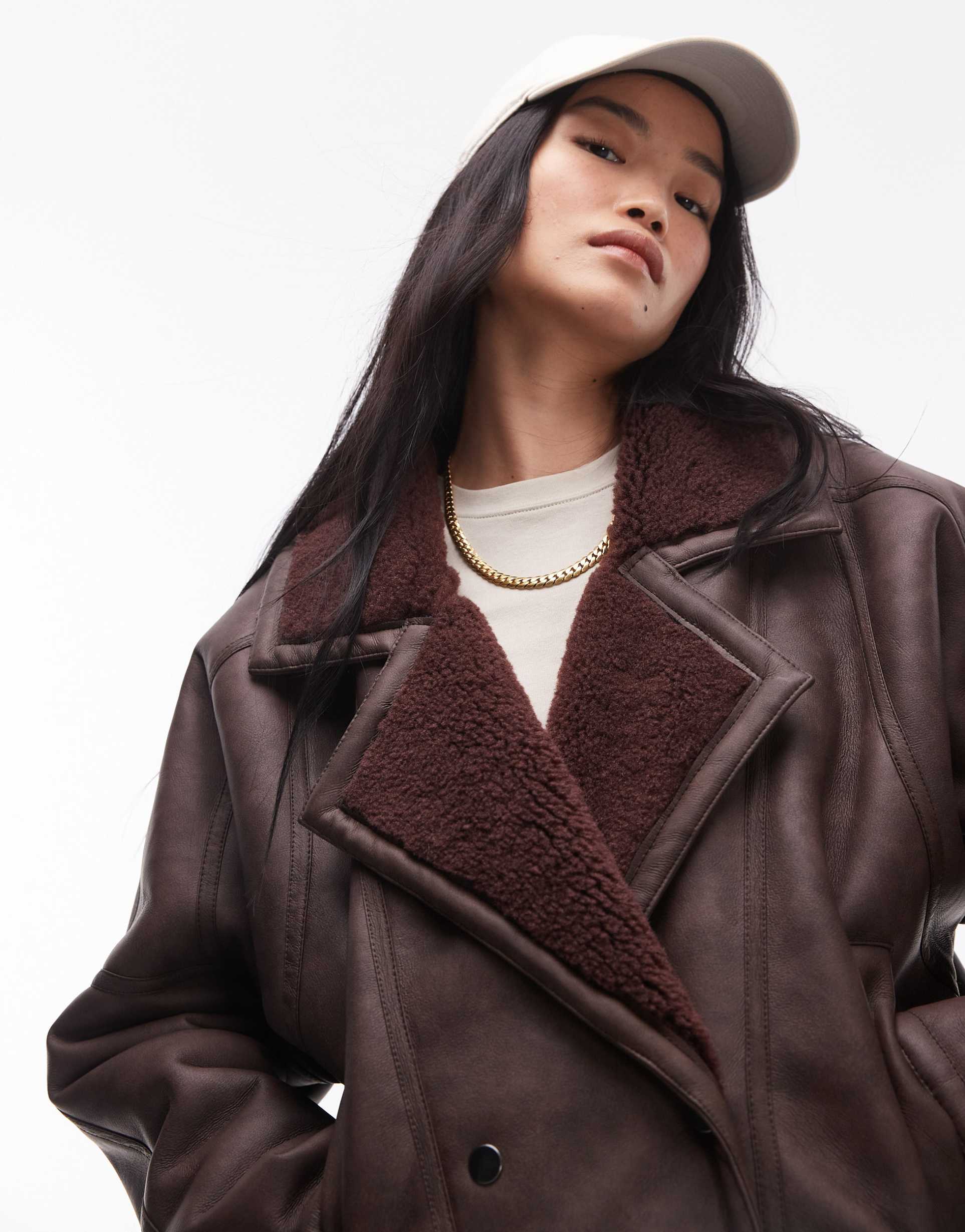 topshop shearling jacket in burgundy