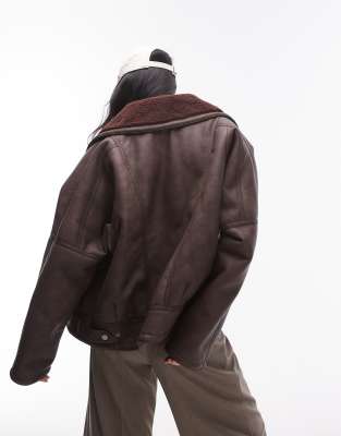 Topshop shearling jacket in burgundy