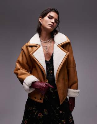 Topshop Shearling Jacket In Tan-brown