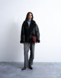 [Topshop] Topshop shearling oversized car coat in black M Black black