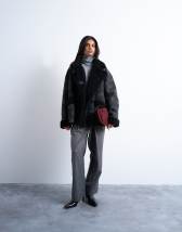 Topshop shearling oversized car coat in black