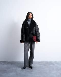 Shearling oversized car coat in black