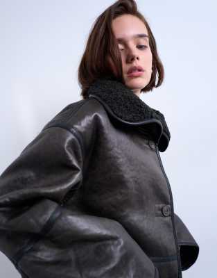 Topshop Shearling Oversized Patch Pocket Mid Length Car Coat In Black