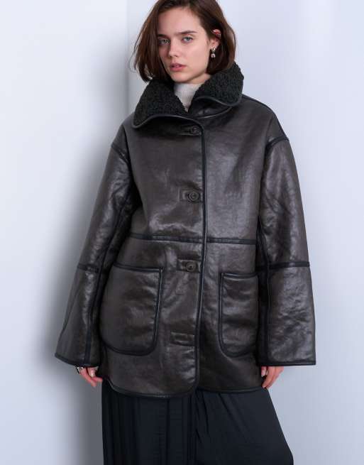 Topshop shearling oversized patch pocket mid-length car coat in black, 3 of 4
