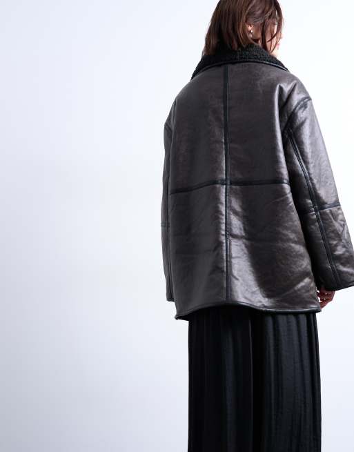Topshop shearling oversized patch pocket mid-length car coat in black, 4 of 4