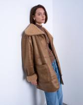 Topshop shearling oversized patch pocket mid length car coat in caramel