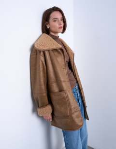Shearling oversized patch pocket mid length car coat in caramel