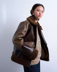 Shearling patchwork faux leather jacket in brown