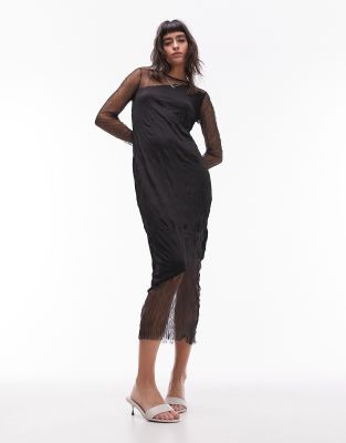 sheer and solid crinkle mix midi dress in black