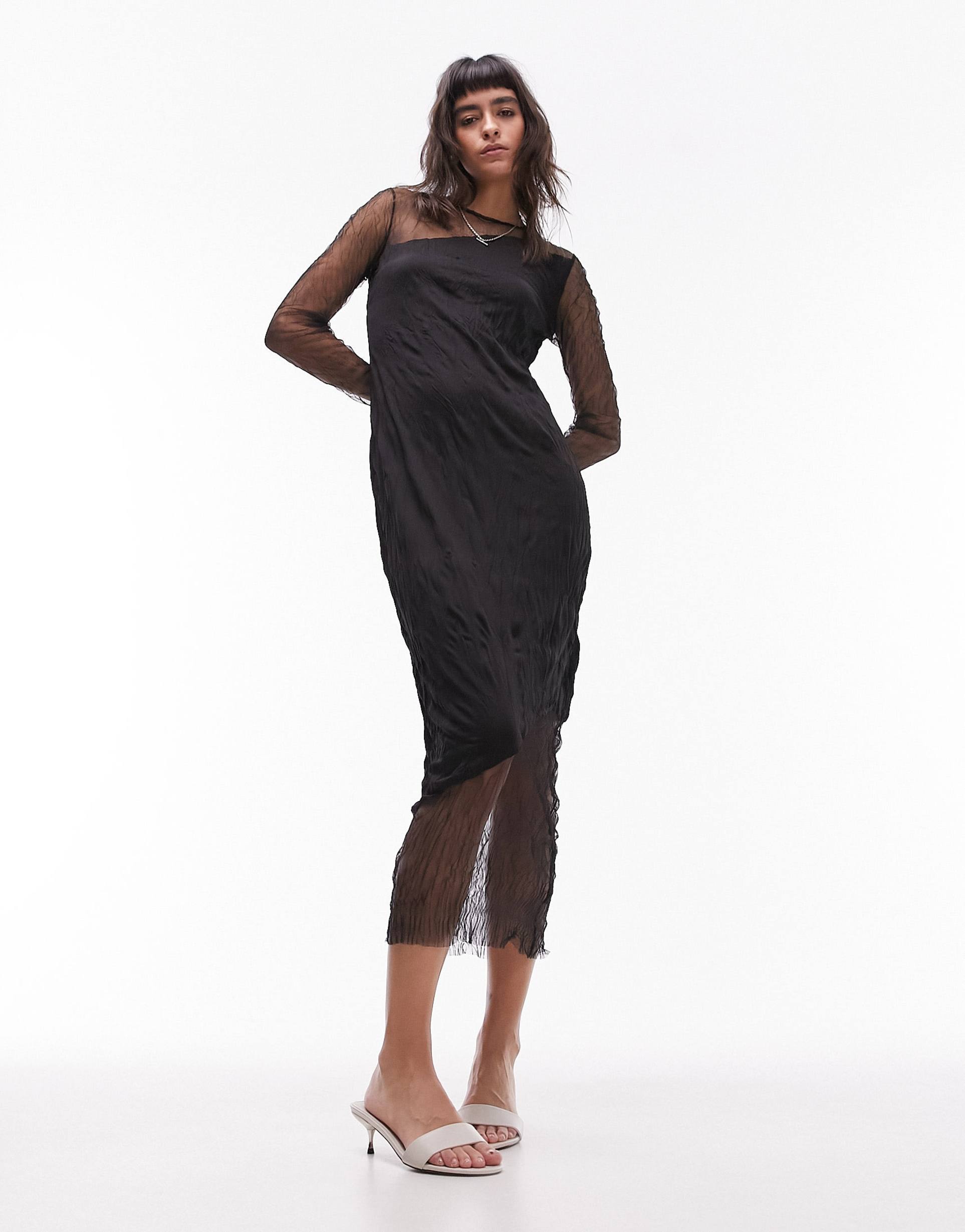 topshop sheer and solid crinkle mix midi dress in black