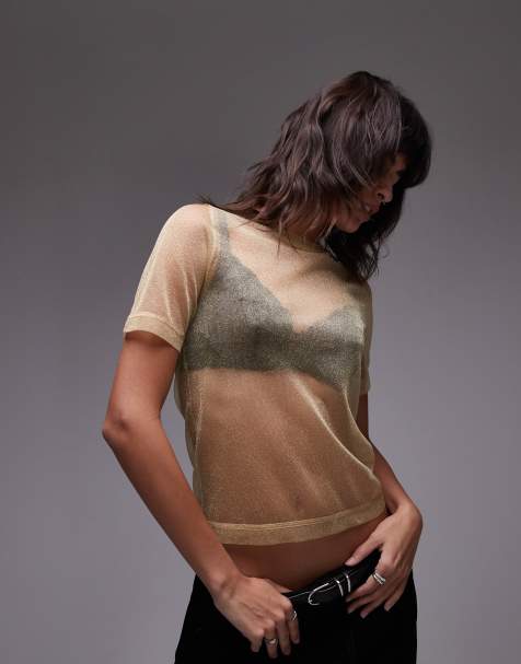 Topshop sheer baby tee in gold - view 1