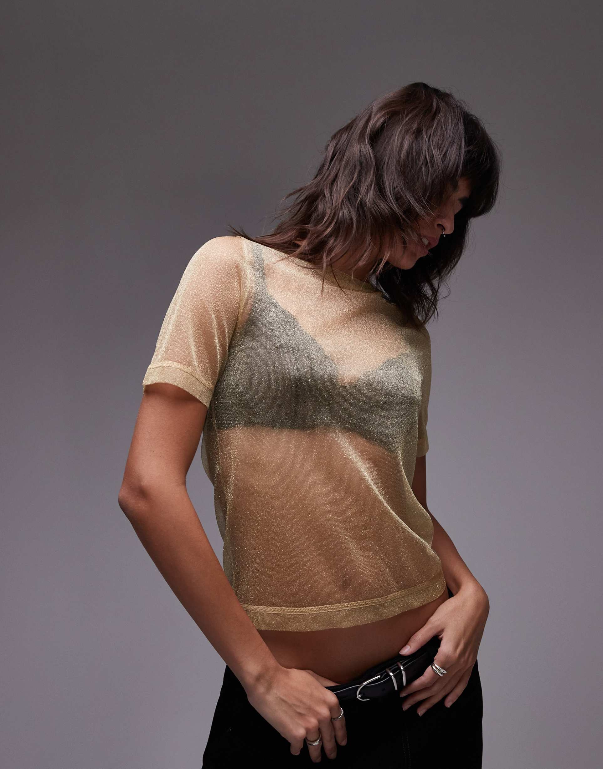 topshop sheer baby tee in gold