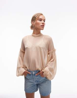 Topshop sheer bow neck top in blush-Pink