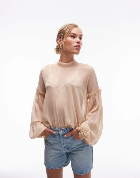 Topshop sheer bow neck top in blush - view 1