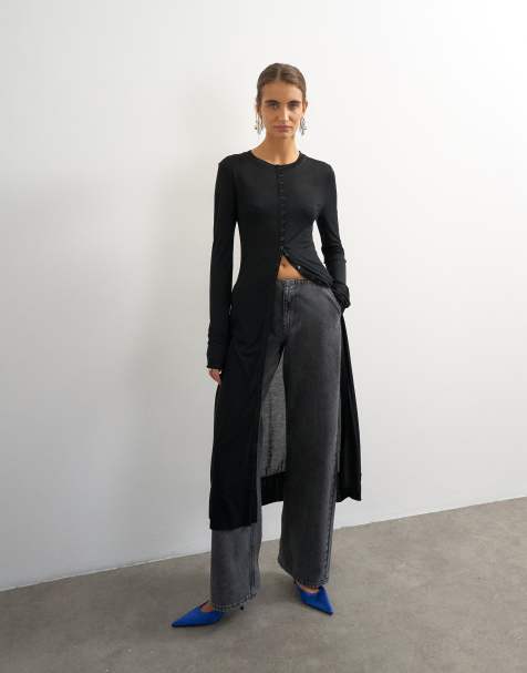 Topshop sheer button down long line top in black - view 1