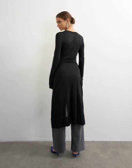 Topshop sheer button down long line top in black, 3 of 4