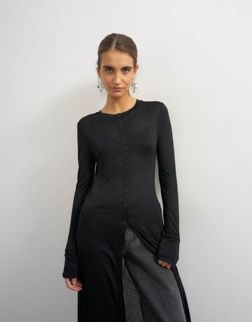 Topshop sheer button down long line top in black, 4 of 4