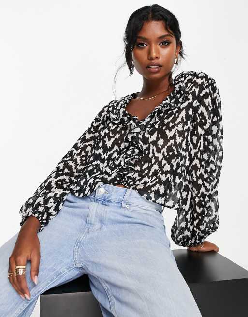 Topshop sheer chiffon ruffle printed top in monochrome | ASOS